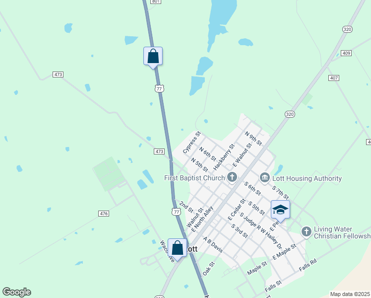 map of restaurants, bars, coffee shops, grocery stores, and more near Oleander Street in Lott