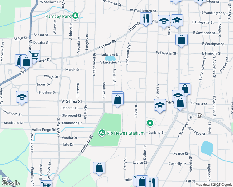 map of restaurants, bars, coffee shops, grocery stores, and more near 1205 Sumter Street in Dothan
