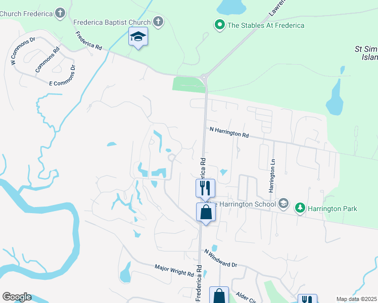 map of restaurants, bars, coffee shops, grocery stores, and more near 18 Wimbledon Court in Saint Simons Island