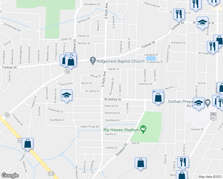 map of restaurants, bars, coffee shops, grocery stores, and more near 1114 Normandale Drive in Dothan