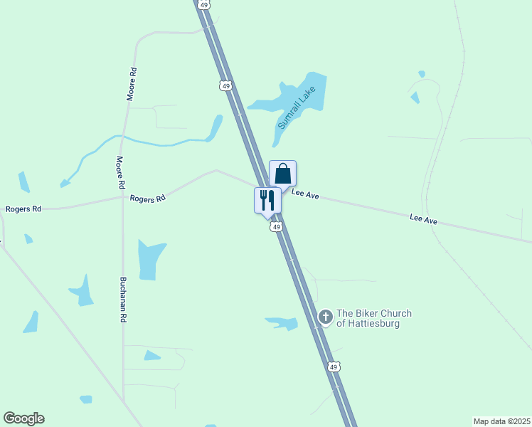 map of restaurants, bars, coffee shops, grocery stores, and more near U.S. 49 in Hattiesburg