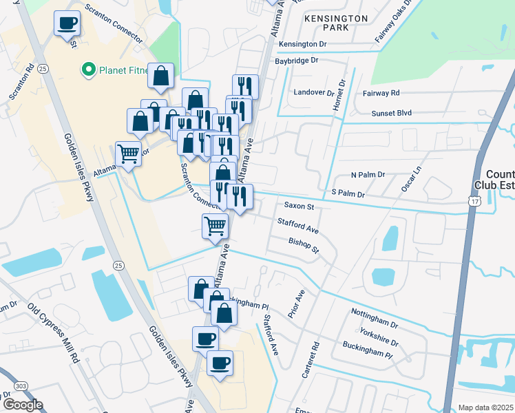 map of restaurants, bars, coffee shops, grocery stores, and more near 1836 Hickory Trce in Brunswick