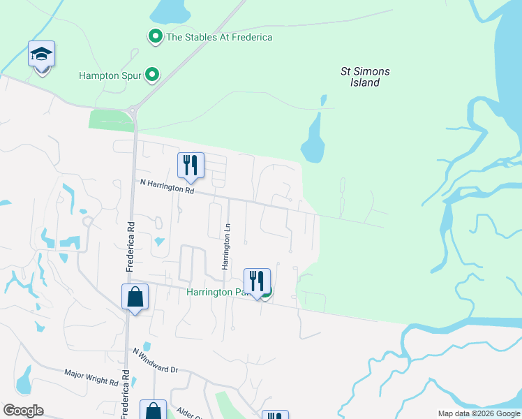 map of restaurants, bars, coffee shops, grocery stores, and more near 103 Simonton Way in St. Simons Island