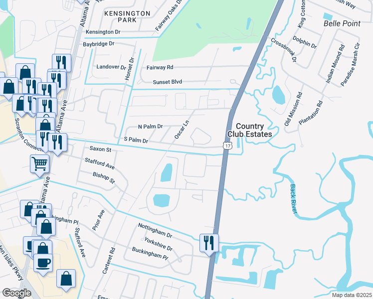 map of restaurants, bars, coffee shops, grocery stores, and more near 601 Palm Club Circle in Brunswick