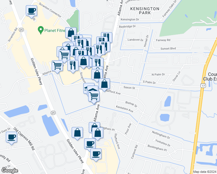 map of restaurants, bars, coffee shops, grocery stores, and more near 5600 Altama Avenue in Brunswick