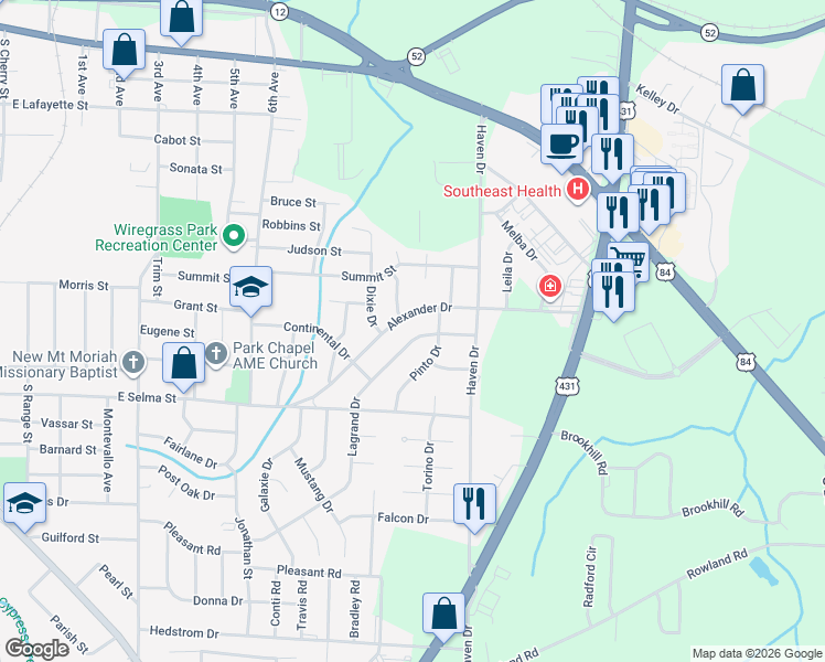 map of restaurants, bars, coffee shops, grocery stores, and more near 1504 Alexander Drive in Dothan