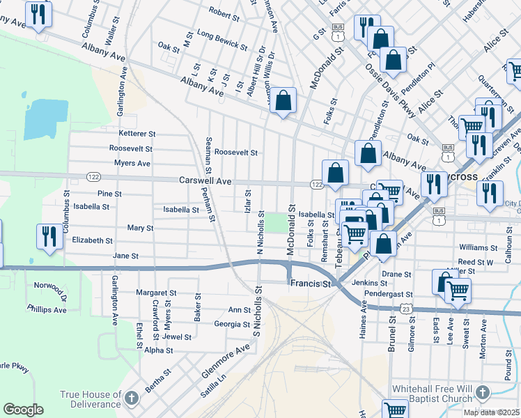 map of restaurants, bars, coffee shops, grocery stores, and more near 506 Izlar Street in Waycross