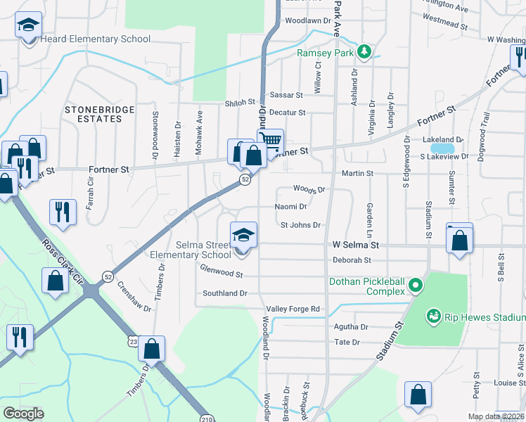 map of restaurants, bars, coffee shops, grocery stores, and more near 201 Naomi Drive in Dothan