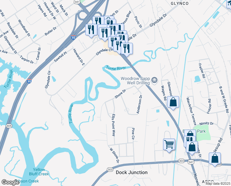 map of restaurants, bars, coffee shops, grocery stores, and more near 348 Shore Drive in Brunswick