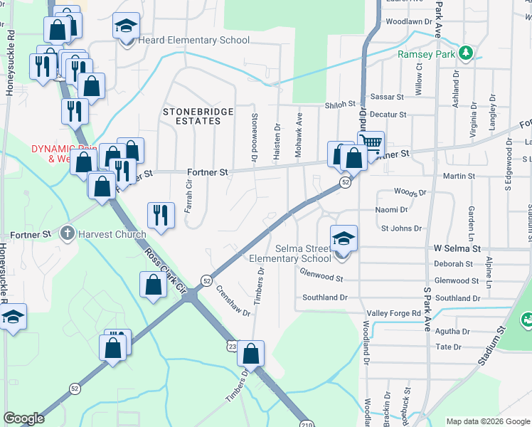 map of restaurants, bars, coffee shops, grocery stores, and more near 110 Timbers Drive in Dothan