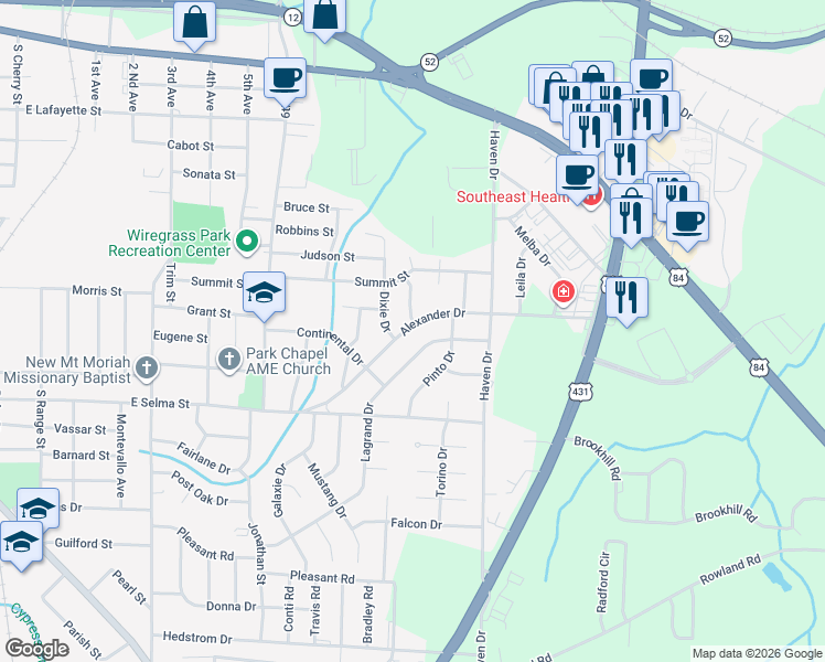 map of restaurants, bars, coffee shops, grocery stores, and more near 1504 Alexander Drive in Dothan