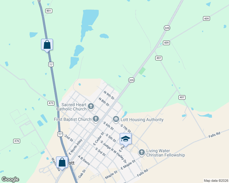map of restaurants, bars, coffee shops, grocery stores, and more near 909 East Walnut Street in Lott