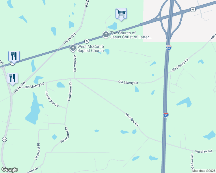 map of restaurants, bars, coffee shops, grocery stores, and more near 1160 Old Liberty Road in McComb