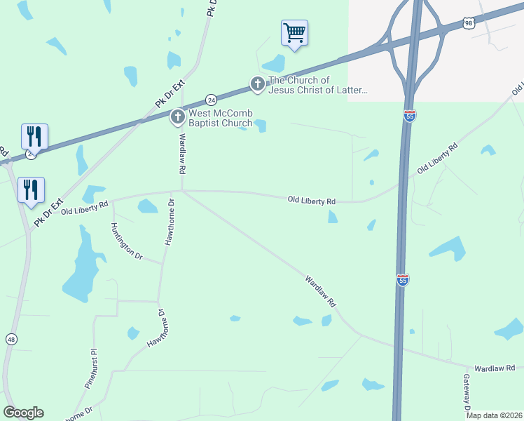 map of restaurants, bars, coffee shops, grocery stores, and more near 1160 Old Liberty Road in McComb