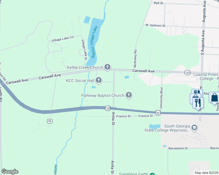 map of restaurants, bars, coffee shops, grocery stores, and more near 327 Anita Street in Waycross