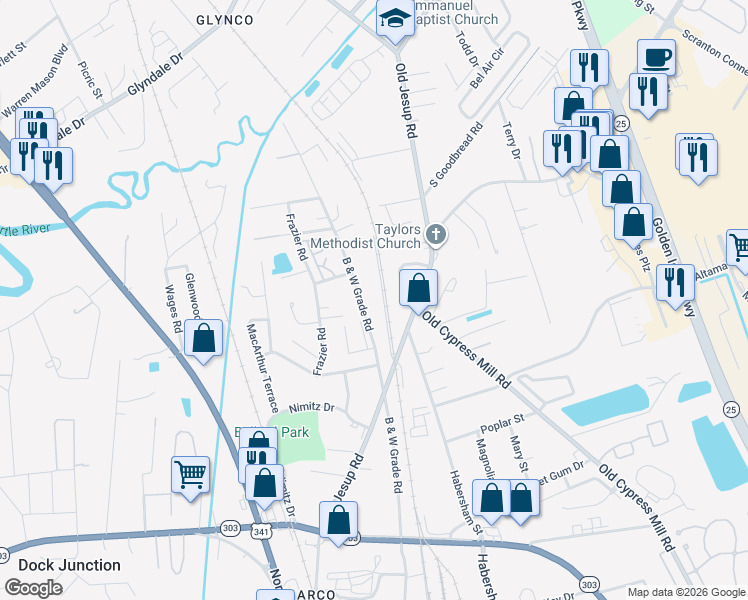 map of restaurants, bars, coffee shops, grocery stores, and more near 1154 B and W Grade Road in Brunswick