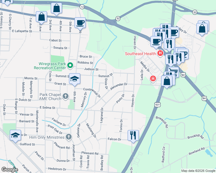 map of restaurants, bars, coffee shops, grocery stores, and more near 1002 Dixie Drive in Dothan