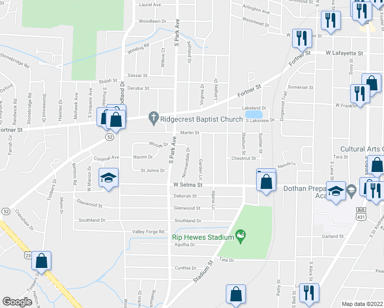 map of restaurants, bars, coffee shops, grocery stores, and more near 1113 Normandale Drive in Dothan