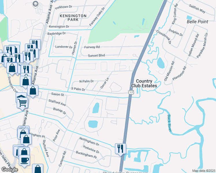 map of restaurants, bars, coffee shops, grocery stores, and more near 601 Palm Club Circle in Brunswick