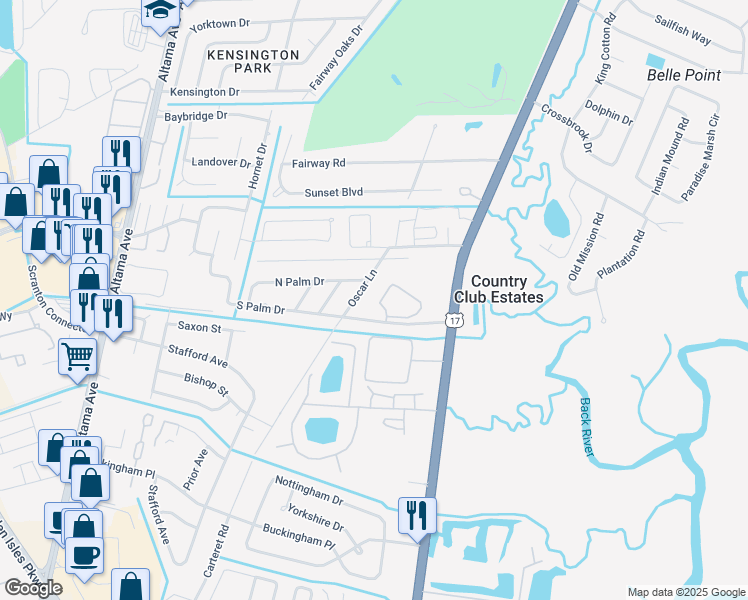 map of restaurants, bars, coffee shops, grocery stores, and more near 601 Palm Club Circle in Brunswick