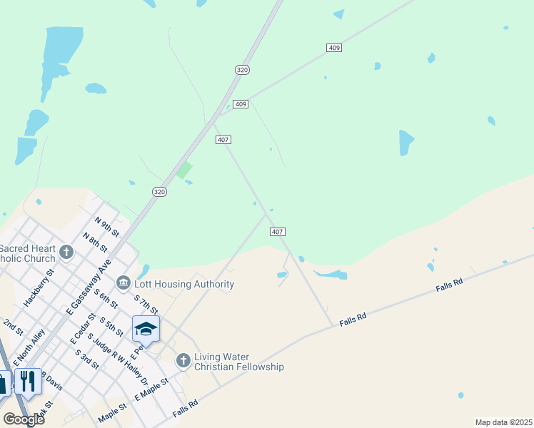 map of restaurants, bars, coffee shops, grocery stores, and more near County Road 407 in Lott