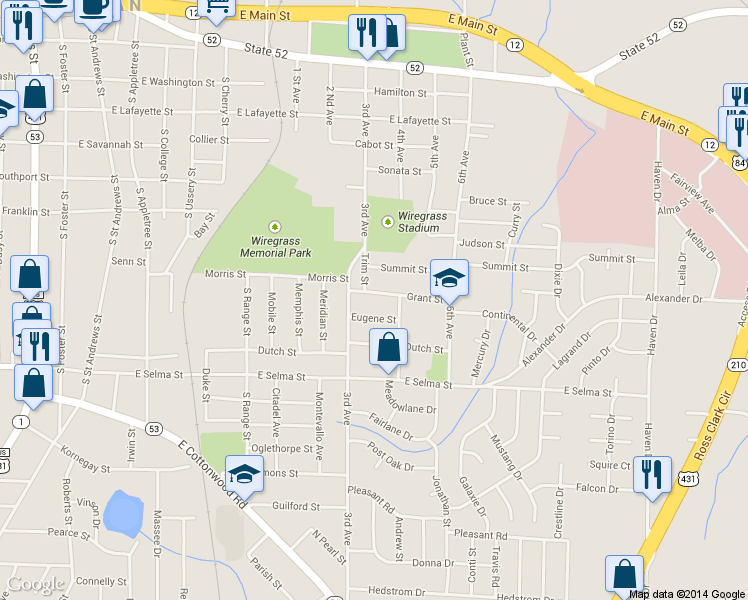 map of restaurants, bars, coffee shops, grocery stores, and more near 1007 Eugene Street in Dothan