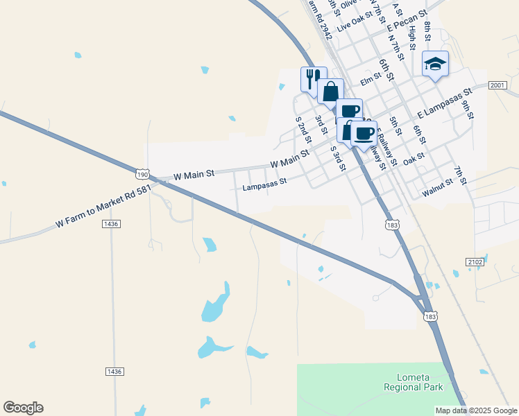 map of restaurants, bars, coffee shops, grocery stores, and more near 1056 U.S. 190 in Lometa
