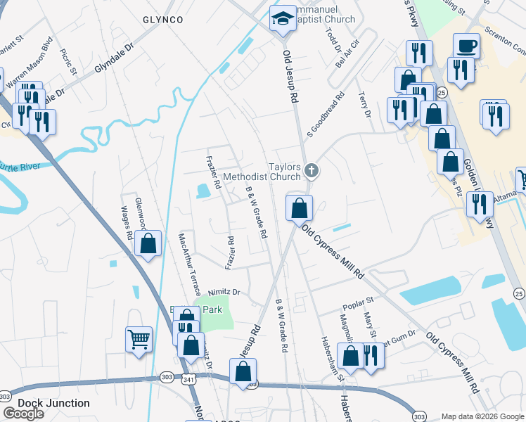 map of restaurants, bars, coffee shops, grocery stores, and more near 1154 B & W Grade Road in Brunswick