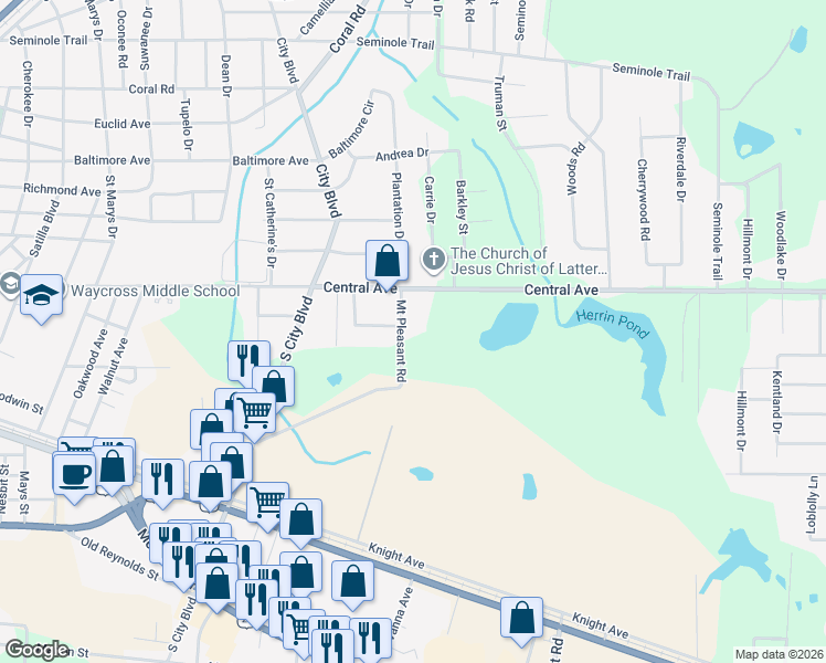 map of restaurants, bars, coffee shops, grocery stores, and more near 1336-1828 Mount Pleasant Road in Waycross