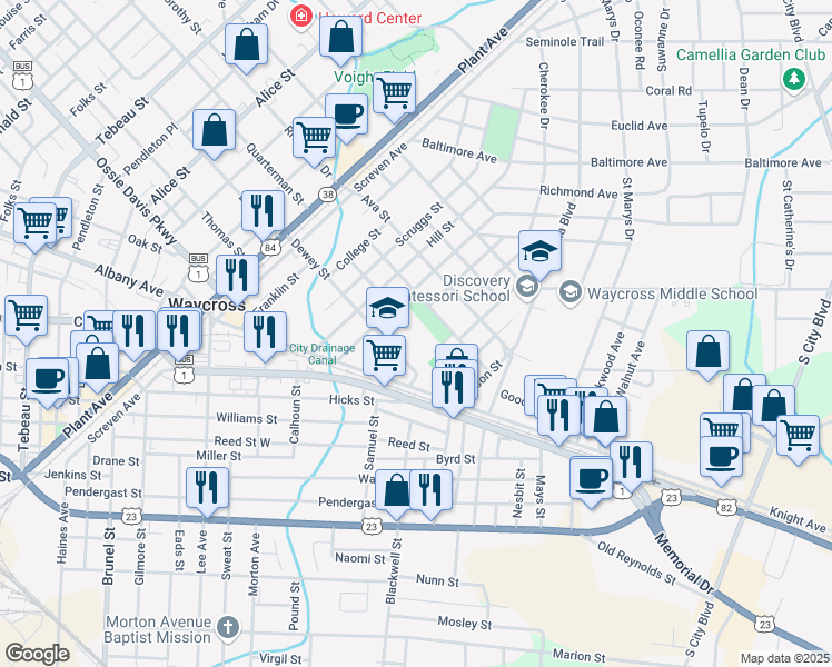 map of restaurants, bars, coffee shops, grocery stores, and more near 705 Dewey Street in Waycross