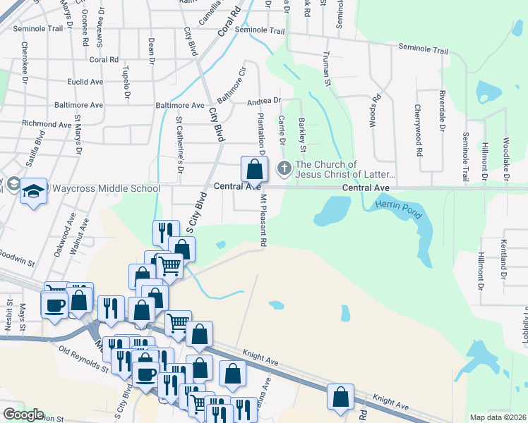 map of restaurants, bars, coffee shops, grocery stores, and more near 1828 Mount Pleasant Road in Waycross