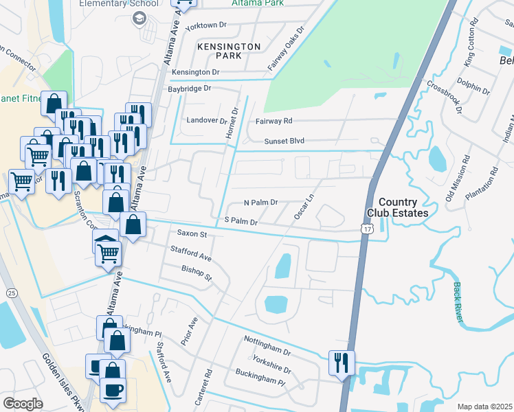 map of restaurants, bars, coffee shops, grocery stores, and more near 30 Tiffany Lane in Brunswick