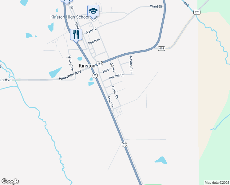map of restaurants, bars, coffee shops, grocery stores, and more near Gatlin Court in Kinston
