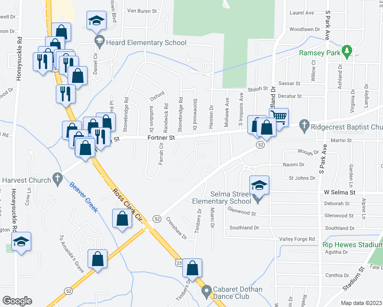 map of restaurants, bars, coffee shops, grocery stores, and more near 103 Woodcreek Drive in Dothan