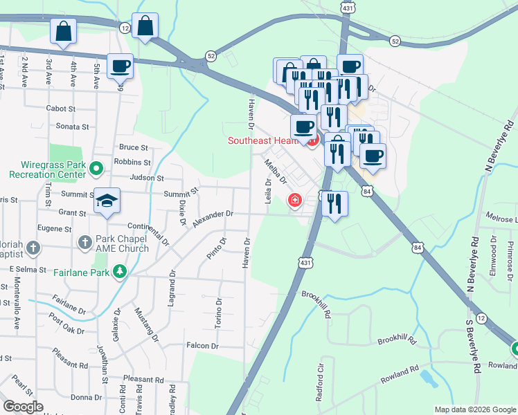 map of restaurants, bars, coffee shops, grocery stores, and more near 402 Haven Drive in Dothan