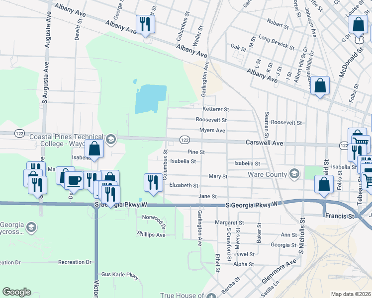 map of restaurants, bars, coffee shops, grocery stores, and more near 1504 Carswell Avenue in Waycross