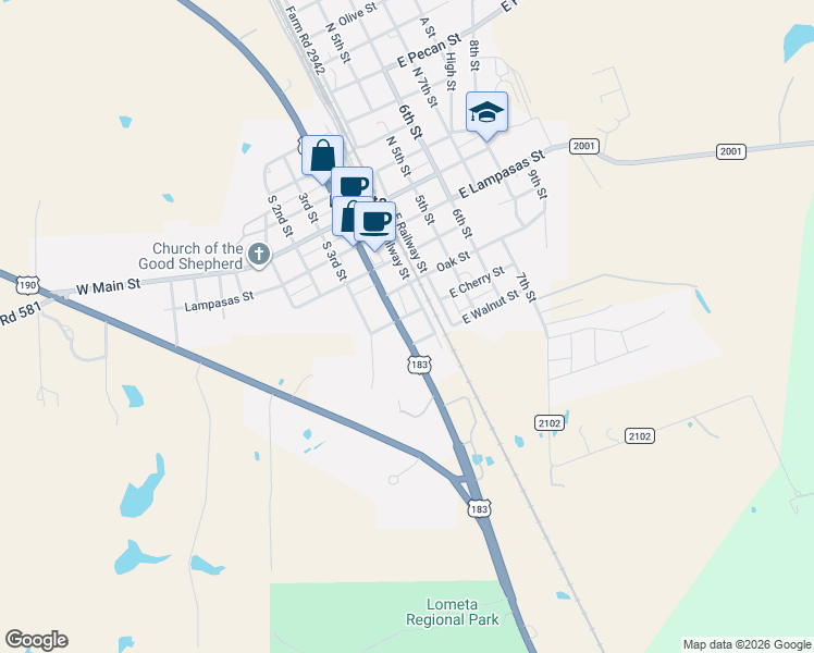 map of restaurants, bars, coffee shops, grocery stores, and more near 503 4th Street in Lometa