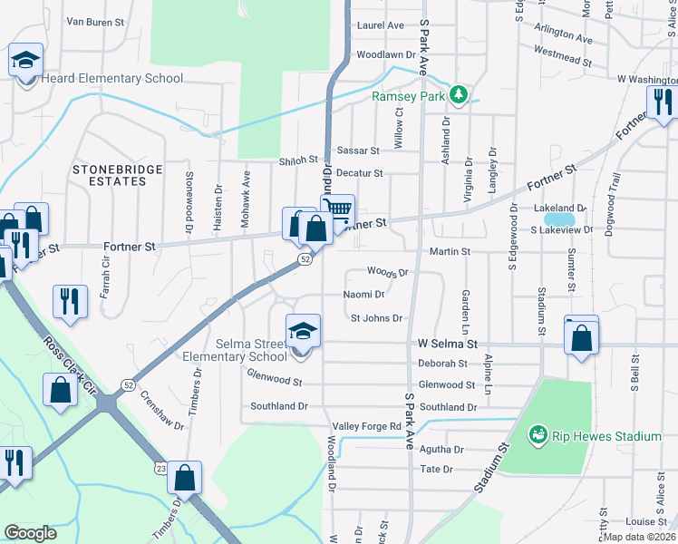 map of restaurants, bars, coffee shops, grocery stores, and more near 1005 Woodland Drive in Dothan