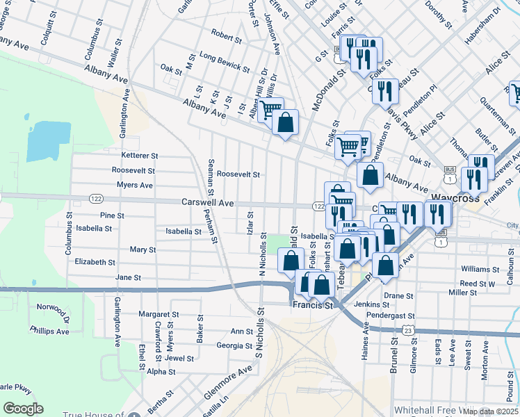 map of restaurants, bars, coffee shops, grocery stores, and more near 1004 Carswell Avenue in Waycross