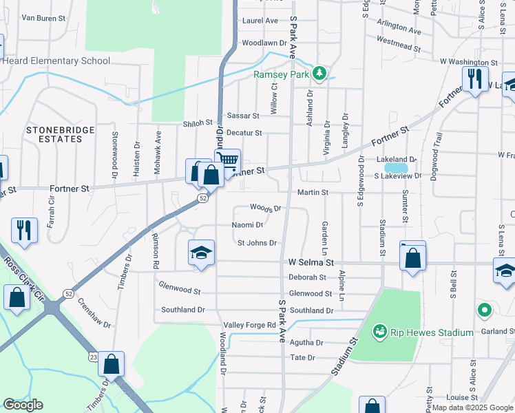 map of restaurants, bars, coffee shops, grocery stores, and more near 109 Woods Drive in Dothan