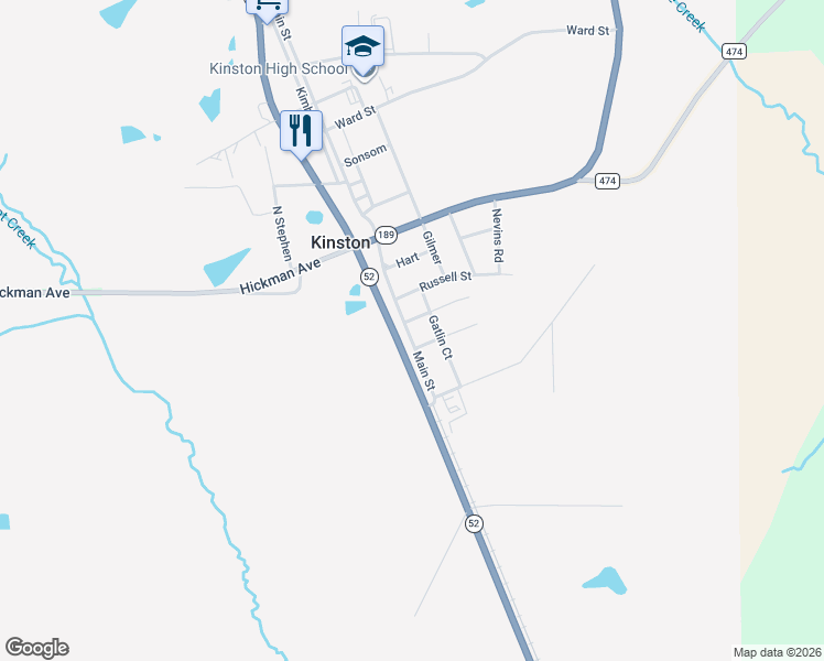 map of restaurants, bars, coffee shops, grocery stores, and more near Gatlin Court in Kinston