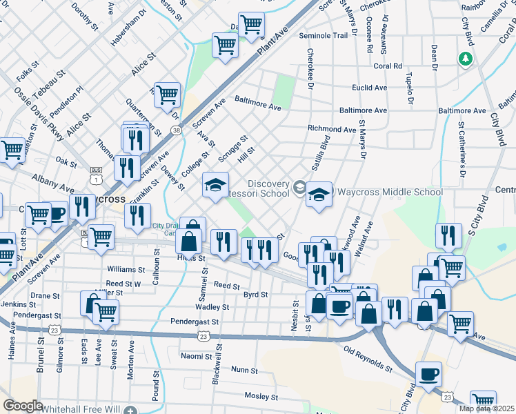 map of restaurants, bars, coffee shops, grocery stores, and more near 800-898 Ava St in Waycross