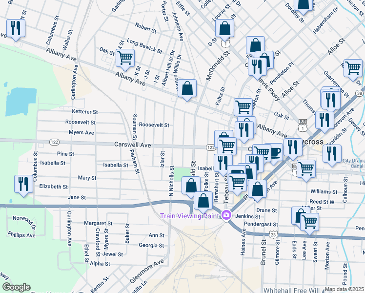 map of restaurants, bars, coffee shops, grocery stores, and more near 908 Carswell Avenue in Waycross