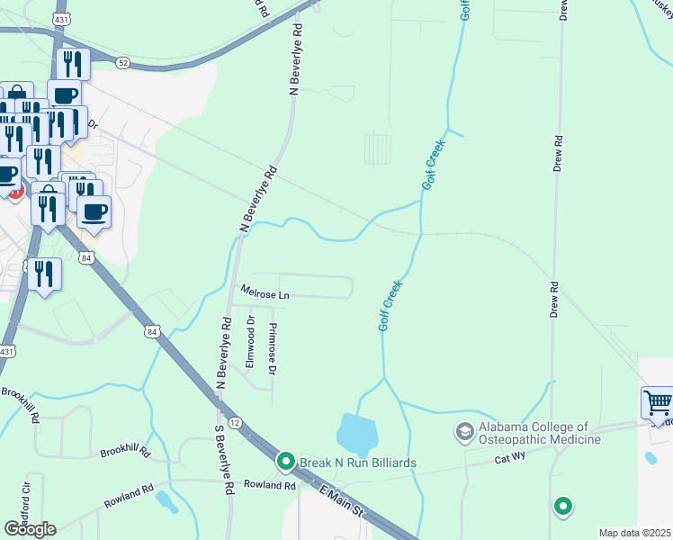 map of restaurants, bars, coffee shops, grocery stores, and more near 256 Melrose Lane in Dothan