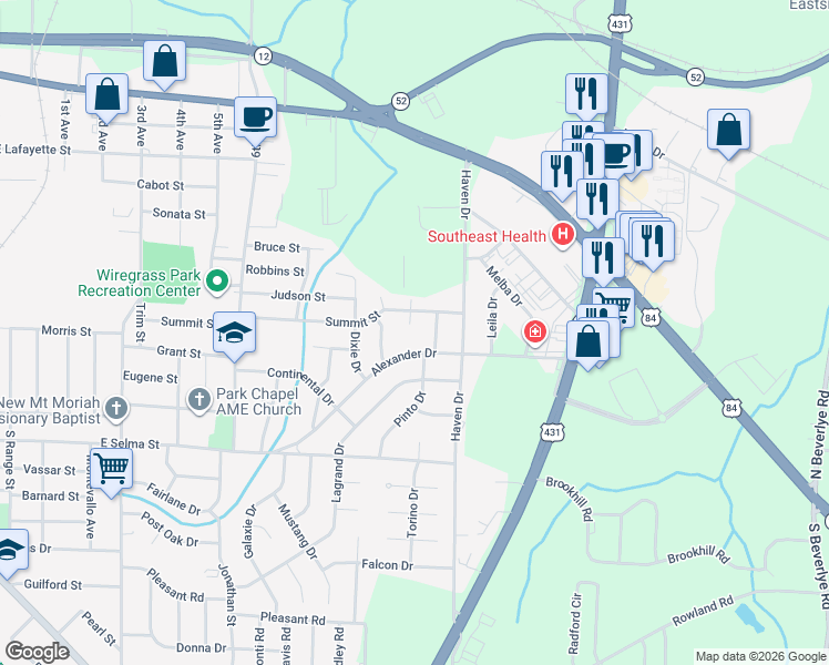 map of restaurants, bars, coffee shops, grocery stores, and more near 303 Cyclone Circle in Dothan
