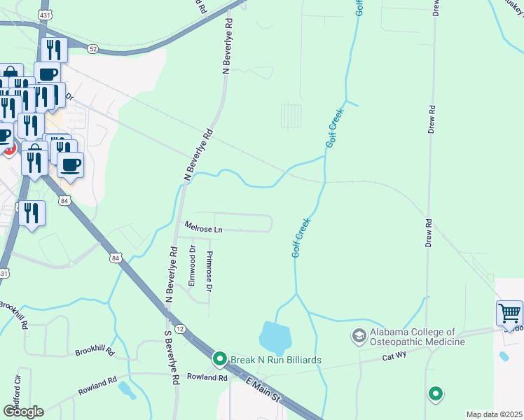 map of restaurants, bars, coffee shops, grocery stores, and more near 256 Melrose Lane in Dothan