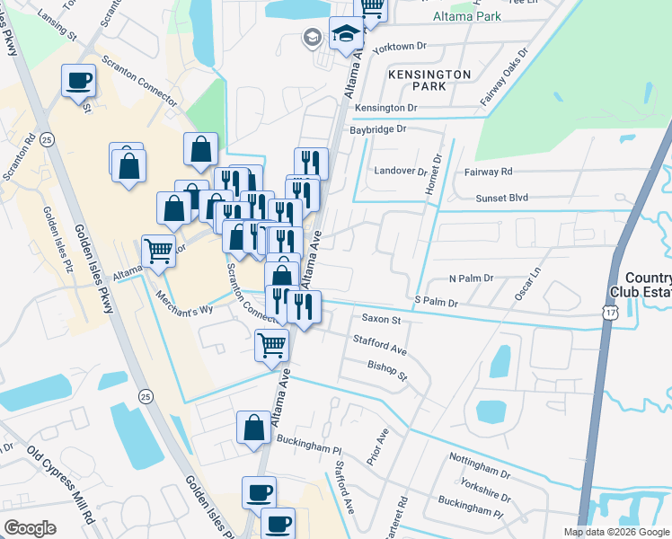 map of restaurants, bars, coffee shops, grocery stores, and more near 5700 Altama Avenue in Brunswick