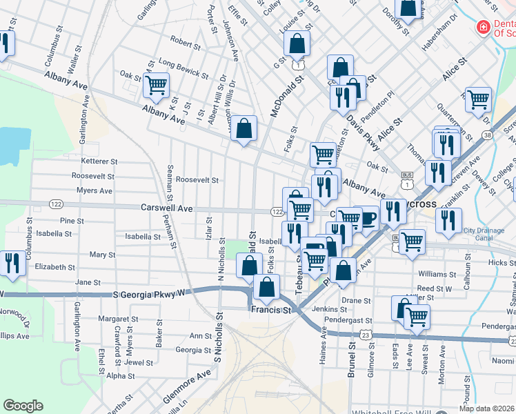 map of restaurants, bars, coffee shops, grocery stores, and more near 814 Carswell Avenue in Waycross