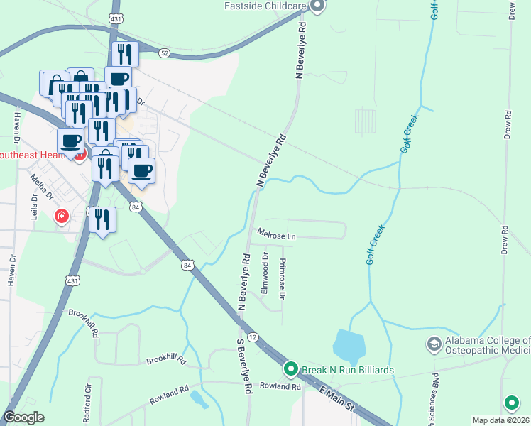 map of restaurants, bars, coffee shops, grocery stores, and more near 312 Melrose Lane in Dothan