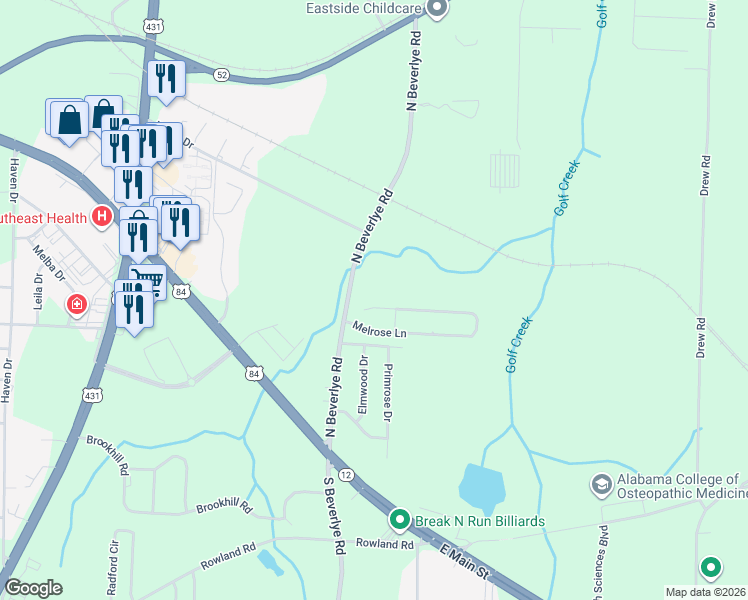 map of restaurants, bars, coffee shops, grocery stores, and more near 312 Melrose Lane in Dothan
